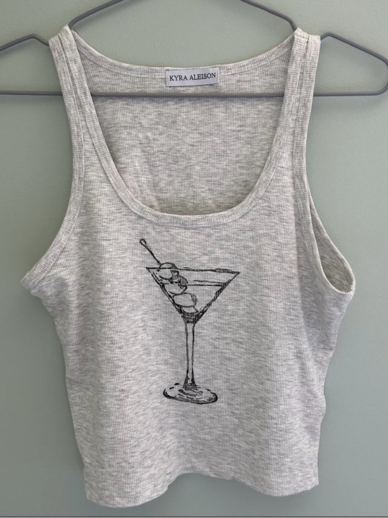 Tops - Grey Ribbed Tank with Martini Graphic